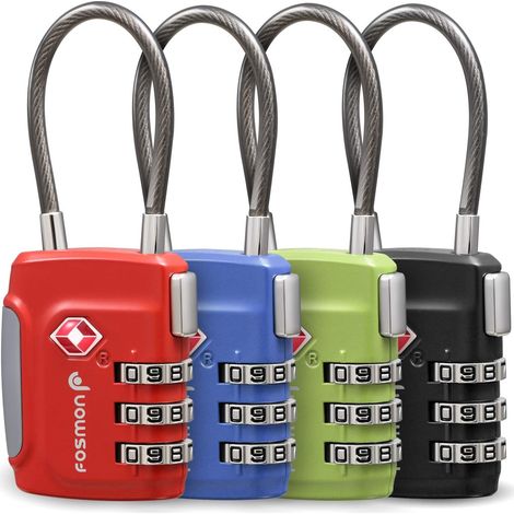 Cadenas Code TSA pour Bagages 4 Couleurs, Cadenas Câble à 3 Chiffres pour Valise, Sac de Voyage, Casier, etc. Lot de 4 Cadenas – Rouge, Bleu, Vert, Noir (1/5)