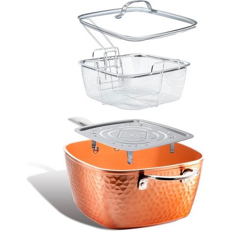 Poêle carrée profonde antiadhésive en céramique 9,5 pouces, ensemble 4 pièces avec revêtement titane et céramique, panier à friture, couvercle et insert vapeur, lave-vaisselle (1/5)