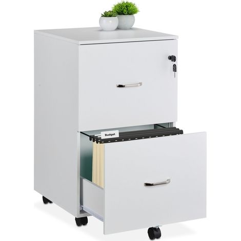 Relaxdays Mueble Archivador, 2 Cajones para Ficheros, 72 x 43 x 46 cm, Cajonera Oficina, Cierre con Llave, Blanco