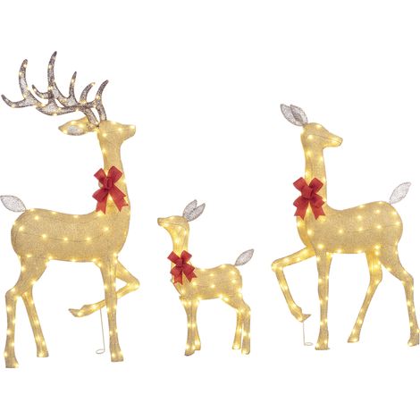 3 ciervos navideños luminosos, con forma de familia de ciervos, renos navideños luminosos, hechos de acero, 283 LED blancos cálidos, dorados (1/5)