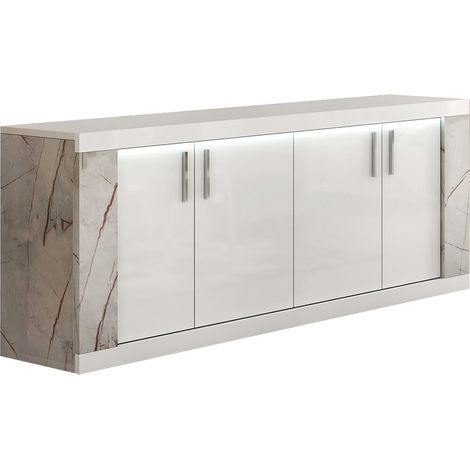 Altobuy – Buffet 4 portes blanc avec éclairage led intégré – Décor marbre brillant – Dimensions 190x47xH84cm – Design moderne chic (1/4)
