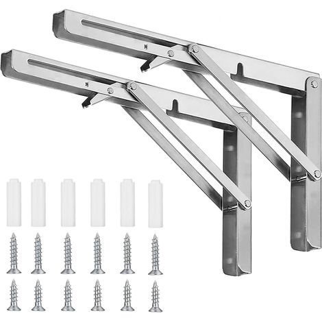 pliant acier inoxydable 400 mm, 2 consoles pliables avec support noir, support d'étagère pliable, console pliable avec support robuste, support carré, pour garage, cuisine, chambre (1/5)