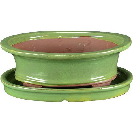 Vaso + sottovaso per bonsai ovale in gres smaltato verde 26,5x20x8 cm - GA7VS (1/5)