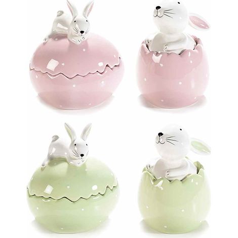 Barattoli / contenitori / biscottiere a uovo di pasqua in ceramica colorata con coniglio su coperchio, set da 4 pezzi, cm 11,5 x 10 x 13,5 H
