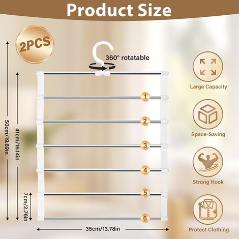 2 PCS Cintre, Gain de place, 6 couches, Antidérapant, Pliable, Crochet 360°, Pour pantalons jupes (1/5)
