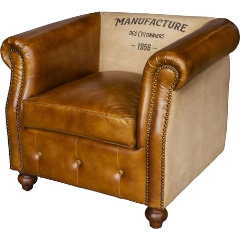 Fauteuil cabriolet 75x80x71 cm en cuir camel et toile blanche