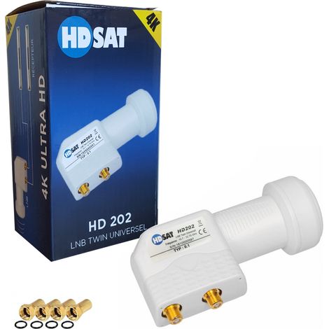 LNB Twin universel 4K Full HD – 2 sorties 0,1dB – Gain max 65dB – Connectiques Gold avec joint torique – 4 fiches F incluses – Hdsat - HD 4 K (1/2)