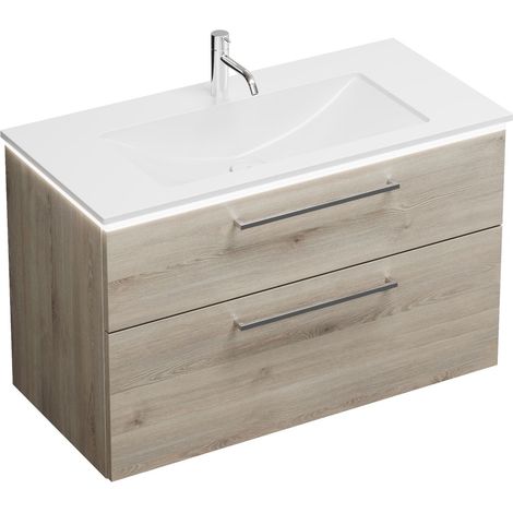 Vasque en fonte minérale Burg Eqio + meuble sous-vasque en chêne, décor flanelle/blanc alpin GRP95