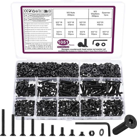 1051 Pcs Vis M3 et Écrous,Vis à Tête Fraisée Boulons et Écrous Set (1/5)