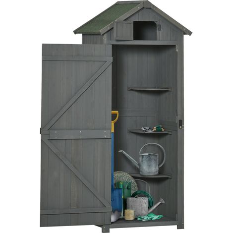 Gartenschrank Gartenhaus Gerätehaus Geräteschuppen mit Fachböden Asphaltdach Fenster Holz Grau+Grün 77 x 54,2 x 179 cm