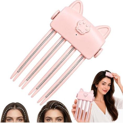 Peigne volumateur chauffant sans fil pour les racines, peigne électrique rechargeable USB pour cheveux fins et plats, design patte de chat, rose (1/5)