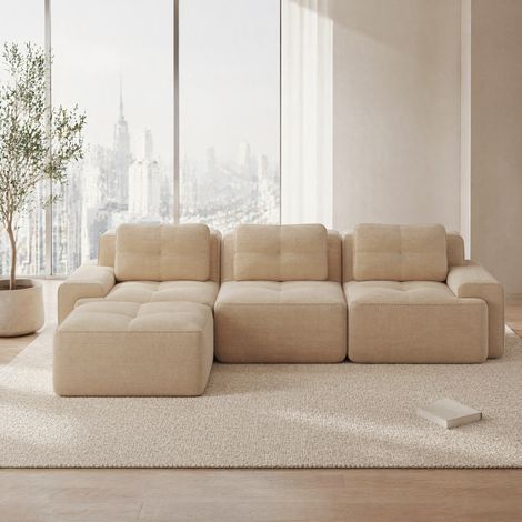 Divano modulare angolare a L con ottomana, tessuto corduroy beige, 3 posti, senza montaggio (1/5)