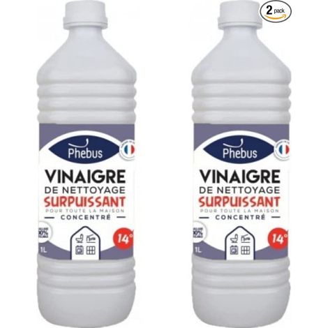 DSTOCK60 - LOT DE 2 BOUTEILLES DE 1 LITRE DE VINAIGRE BLANC NATUREL CONCENTRE 14 Degrés (PHEBUS produit d'origine garantie) - DEGRAISSE. DETARTRE. DESHERBE - MAISON et JARDINAGE