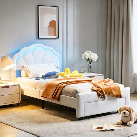 Letto per bambini 90x200 cm con testiera a petalo, letto singolo imbottito con cassetto e lampada LED regolabile