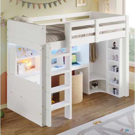 Litera alta 90x200 cm con LED multicolor, armario, escritorio, cajonera y amplios compartimentos de almacenaje en madera de pino blanco, ideal para dormitorio infantil CHICFURN (1/5)