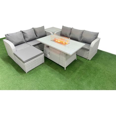 Fimous Outdoor Garden Furniture Sets 7 Seater Wicker Rattan Furniture Sofa Sets with Firepit Dining Table high Back Lounge Sofa Big Footstool Side Table Light Grey (1/4)