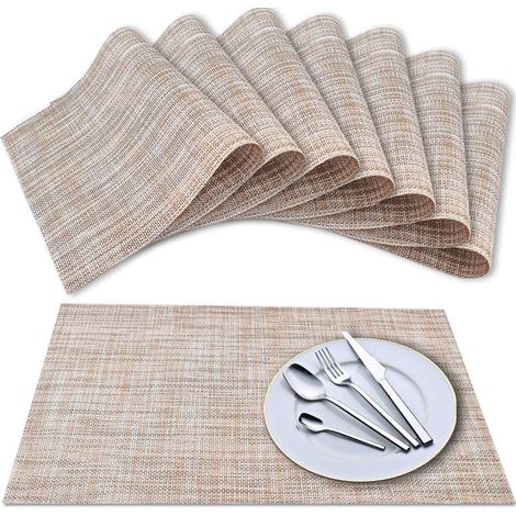 Juego de 8 manteles individuales de vinilo con tejido cruzado, 45x30 cm, lavables, aislantes, antideslizantes, con aspecto de lino, multiusos.