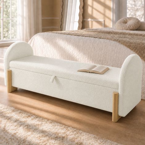 Banc bout de lit coffre 146x47x61 cm en bouclé blanc, rangement hydraulique, fermeture douce, pieds bois (1/5)