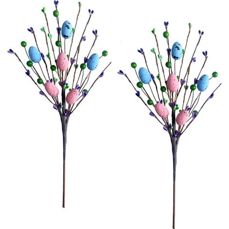 (Œufs de Pâques avec perles de riz, petit lot, bleu ciel A08956) Lot de 2 œufs de Pâques factices, œufs de Pâques en mousse avec perles de riz, décoration florale pour les fêtes, décoration intérieure (1/2)