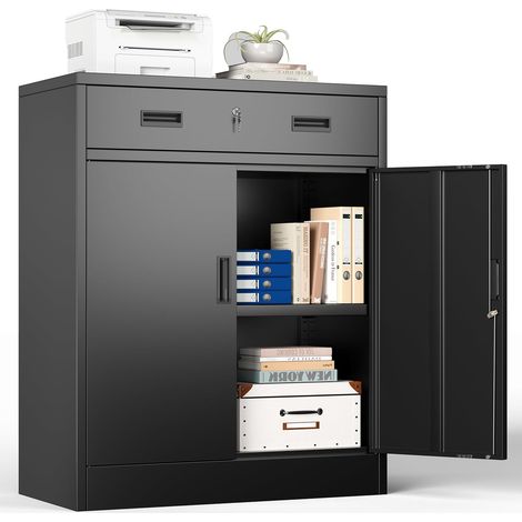 Armoire de Rangement Métal Noir 90x80x40cm,Verrouillable à 2 Portes bureau Armoire de bureau avec 2 portes, armoire de rangement en acier, 1 tiroir et 1 étagère réglable pour bureau, garage, salon (1/5)