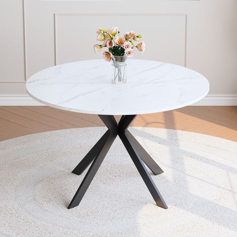 Table à manger ronde 110 cm blanc en MDF et métal noir avec effet marbre et structure en X (1/5)