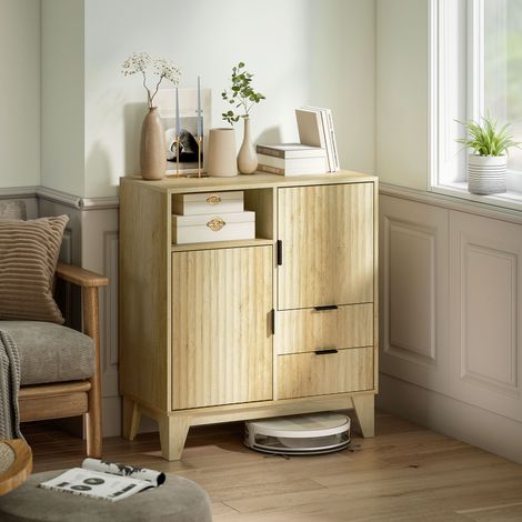 Credenza da soggiorno, mobile contenitore, 2 ante, 2 cassetti, ripiano regolabile, vano a giorno, 80x40x90 cm, legno naturale