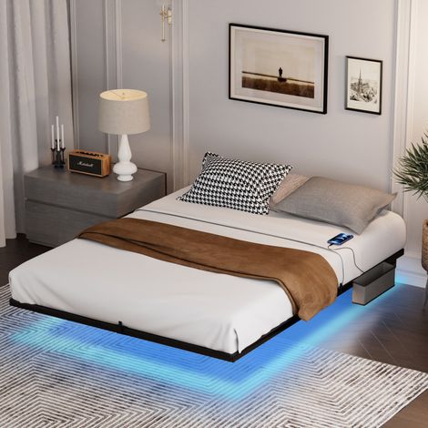 Cama moderna suspendida 160x200 cm de acero negro con LED, puertos USB y Type-C, estructura metálica (1/5)