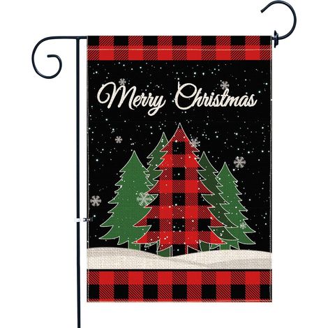 Drapeau De Jardin Noël - Drapeau Double Face En Sisal - Motif Arbre De Noël Et Carreaux Rouges - 30 X 45 Cm - Pour Extérieur Jardin Terrasse (1/5)