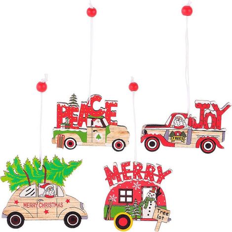 Lot de 4 décorations de Noël en bois coloré, à suspendre à une voiture, couleurs assorties.-7.5X7CM