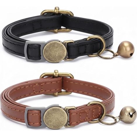 Collar de cuero para gato de 2 piezas con cascabel, collar suave para gato con hebilla de seguridad, collares para gatos, gatitos y cachorros (1/5)