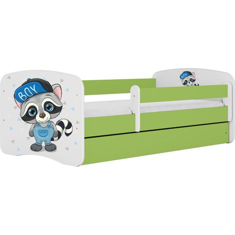 Lit enfant 80x160 cm avec tiroir et barrière amovible sans matelas vert motif Raton laveur (1/5)