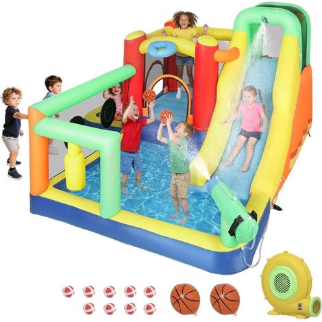 Château gonflable 9 en 1 avec soufflerie, toboggan, bassin et pistolet à eau, adapté aux 3-8 ans, 330×290×185 cm, multicolore