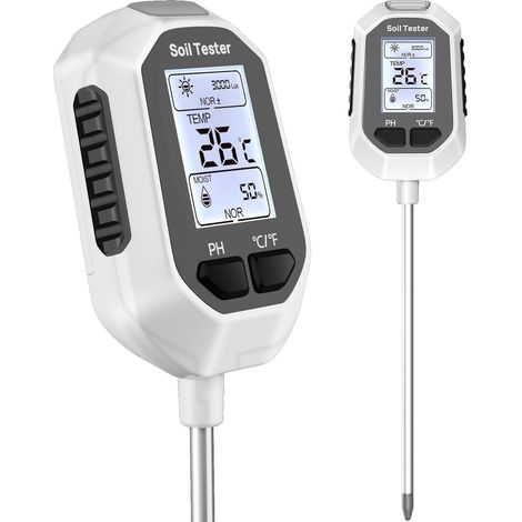 Misuratore digitale di umidità del terreno 4 in 1, tester di temperatura, umidità, pH e intensità della luce solare, schermo LCD retroilluminato, per giardinaggio, agricoltura e piante da esterno