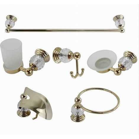 Trade Shop - Set De Baño 6pzs Cristal Tallado 69202 Toallero Rollo Cepillo Dental Cristal - (1/2)