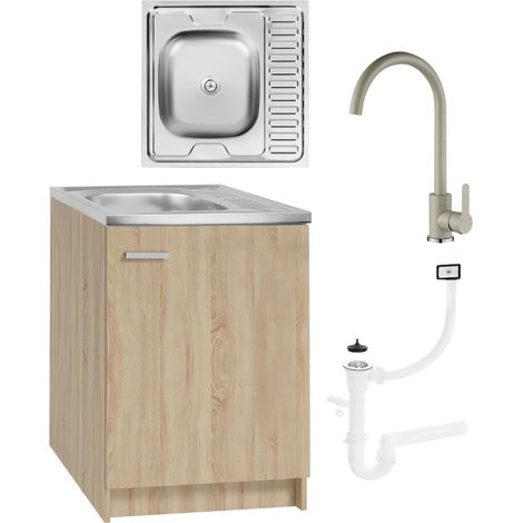 Meuble De Cuisine 60x60 - Chêne Sonoma - Évier En Acier - Robinetterie Haute - Vert Olive