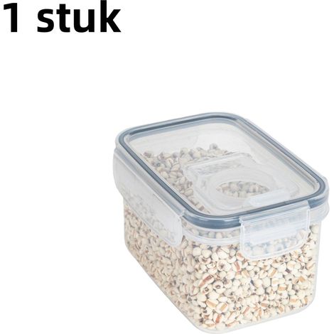 Bocal de conservation en plastique de 0,8 L avec couvercle, résistant à l'humidité et adapté au rangement des aliments en cuisine, dimensions 15 x 10,5 x 9 cm, transparent. (1/5)