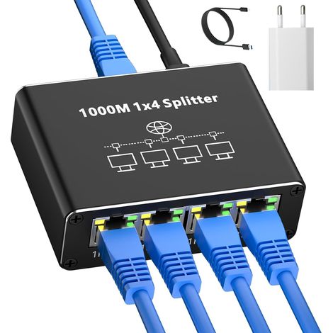 Switch RJ45 4 Ports 1000Mbps Switch Ethernet, Hub RJ45 Multiprise Ethernet 1 to 4 Splitter Avec USB-C câble et Chargeur pour Ordinateur,Hub, Network Switch, Routeur, Set-Top Box, Digital TV (1/5)