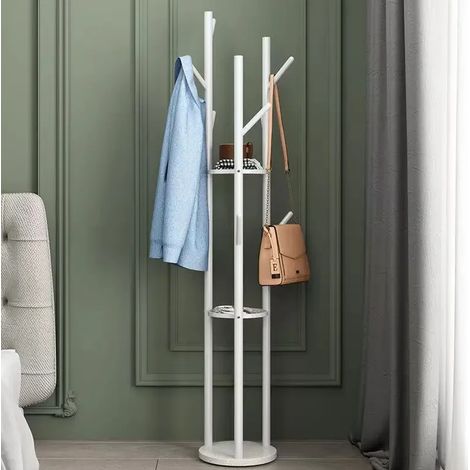 Porte-manteaux Blanc - Rond - 9 crochets et 2 plateaux rangement - Portemanteau design - Livraison gratuite (1/2)