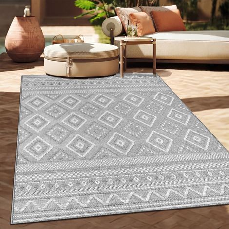 Paco Home Alfombra Exterior Interior Balcón Terraza Cocina Motivo Boho Étnico Moderno 120x160 cm, Gris 2