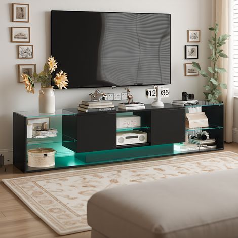 TV-Schrank mit LED, Fernsehschrank mit 2 Schubladens und 6 offenen Fächern, modern TV - Table mit schwebendem Unterbau, Für Wohnzimmer, Esszimmer und Schlafzimmer, Schwarz, 200 x 35 x 45 cm (1/5)