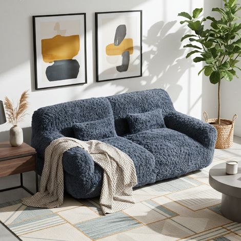 CHITA Canapé 2 places compressé avec couverture et coussins,en laine,Bleu