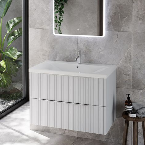 Helix 460 Fluted Satin White 800mm Wall Mounted 2 Drawer Vanity Unit with Glide Basin