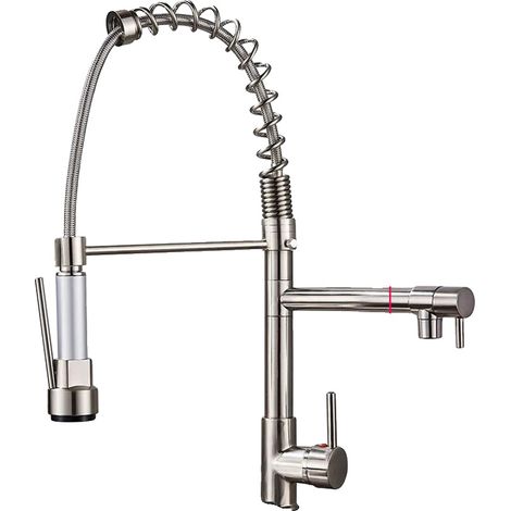 Robinet de cuisine, douchette escamotable, bec pivotant à 360°, Nickel brossé (1/2)