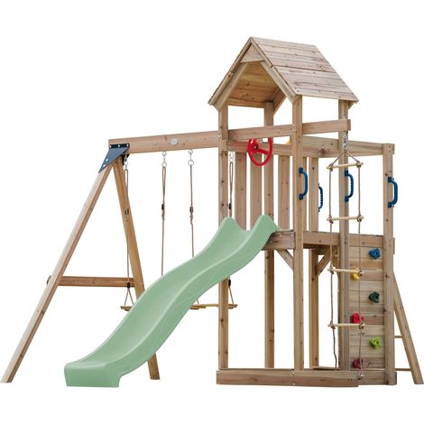 Axi Moos Aire De Jeux En Bois Avec 2 Balançoires, Toboggan Vert Pastel, Echelle En Corde / Aire De Jeux Extérieur Avec Balançoires/ Bac À Sable/Mur D'Escalade Portique Balançoire/Jeux En Bois Extérie