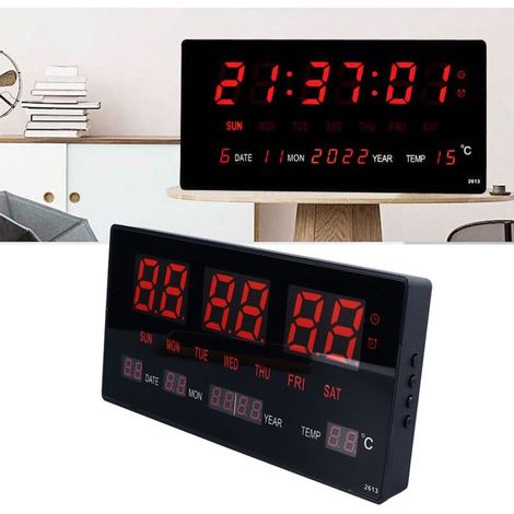 Große rote LED-Wanduhr mit Stundenalarm, Kalender und intelligenter Beleuchtung – rote Digitaluhr