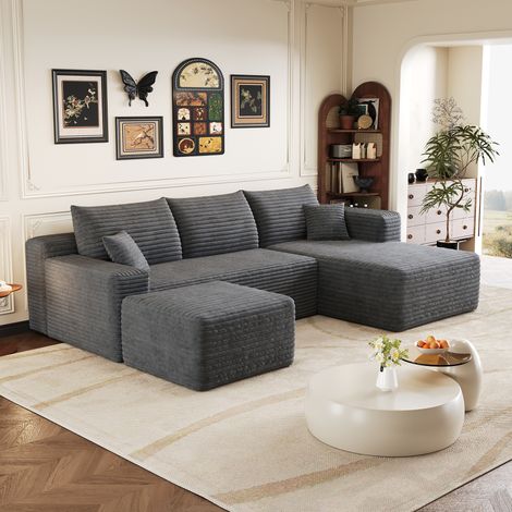 Canapé d'angle U 3 places,Velours Côtelé Gris,Chaise longue droite + Pouf,Compressé,Sans montage,Mousse 35D,241x151x58cm (1/5)