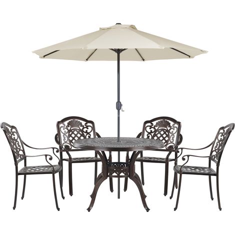 Conjunto de comedor 4 plazas de metal marrón beige sillas cojines sombrilla Salento