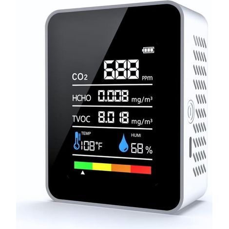 Testeur de qualité de l'air 18 en 1 : mesure du CO2, des COVT, du HCHO, des PM2.5 et des PM10, détection de la température et de l'humidité intérieures, alimentation par piles, stockage des données, é (1/5)