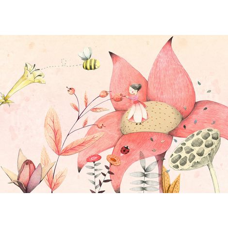 Papier peint panoramique chambre enfant rose | Tapisserie panoramique beige & rose chambre fille | Papier peint panoramique fleur & abeille - 366 x 254 cm (8 pièces) (1/2)
