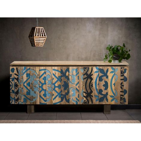 Buffet 4D Turq en bois de manguier – 4 portes – Design coloré – Certifié FSC – Grand espace de rangement